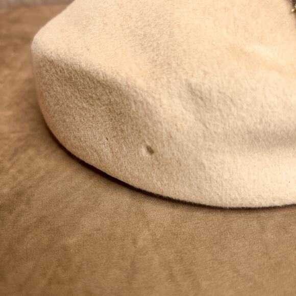 Vintage 40s Glamour Felts Tan Wool Round Pill Box Hat Beaded Bow Old Hollywood - Picture 7 of 8